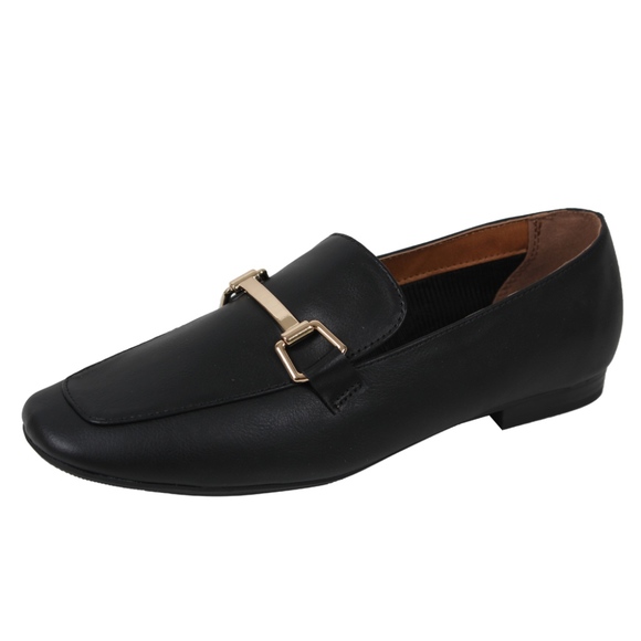 Shoes - Black Gold Tone Horsebit Loafer Low Heel Sandal